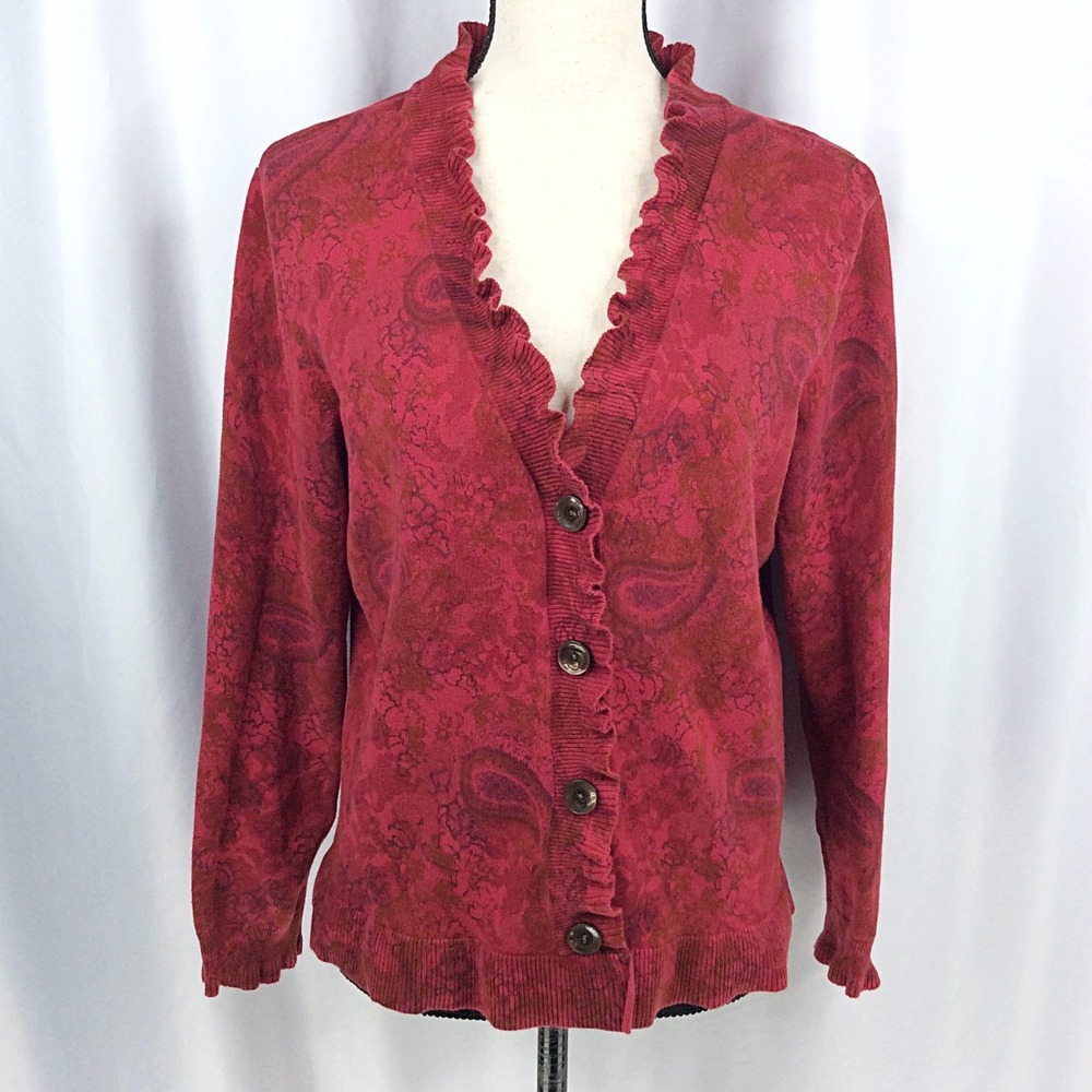 J Jill Paisley Ruffle Cardigan Sweater Women's Size Medium Red Floral V-Neck